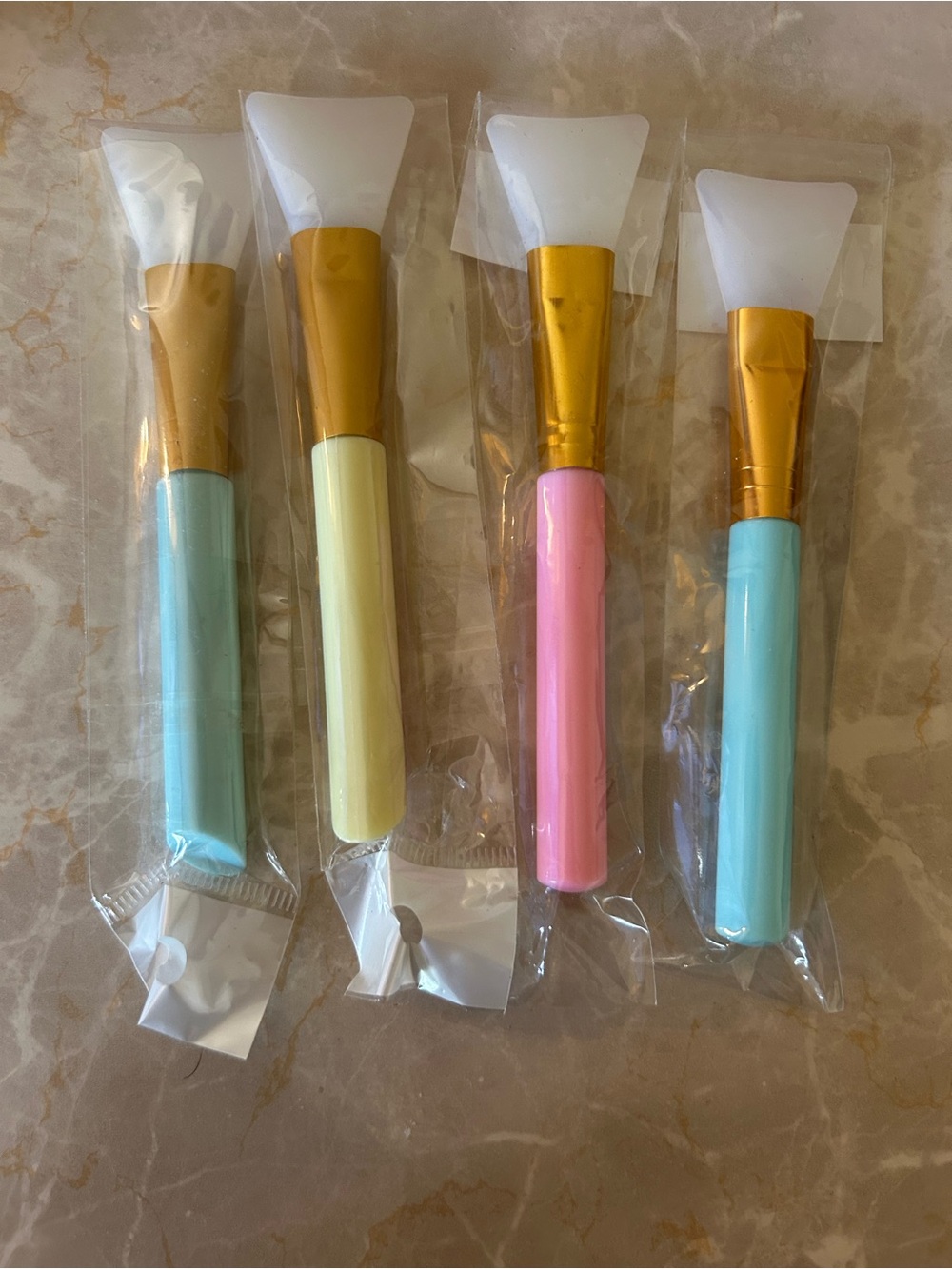 Gold-Handled Silicone Spatula Face Mask Brushes - Pastel Blue, Yellow, Pink
